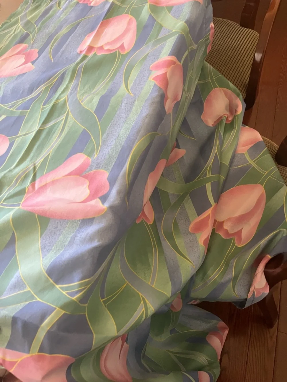 Floral Pink Tulip Shower Curtain Panel - Green & Blue Background